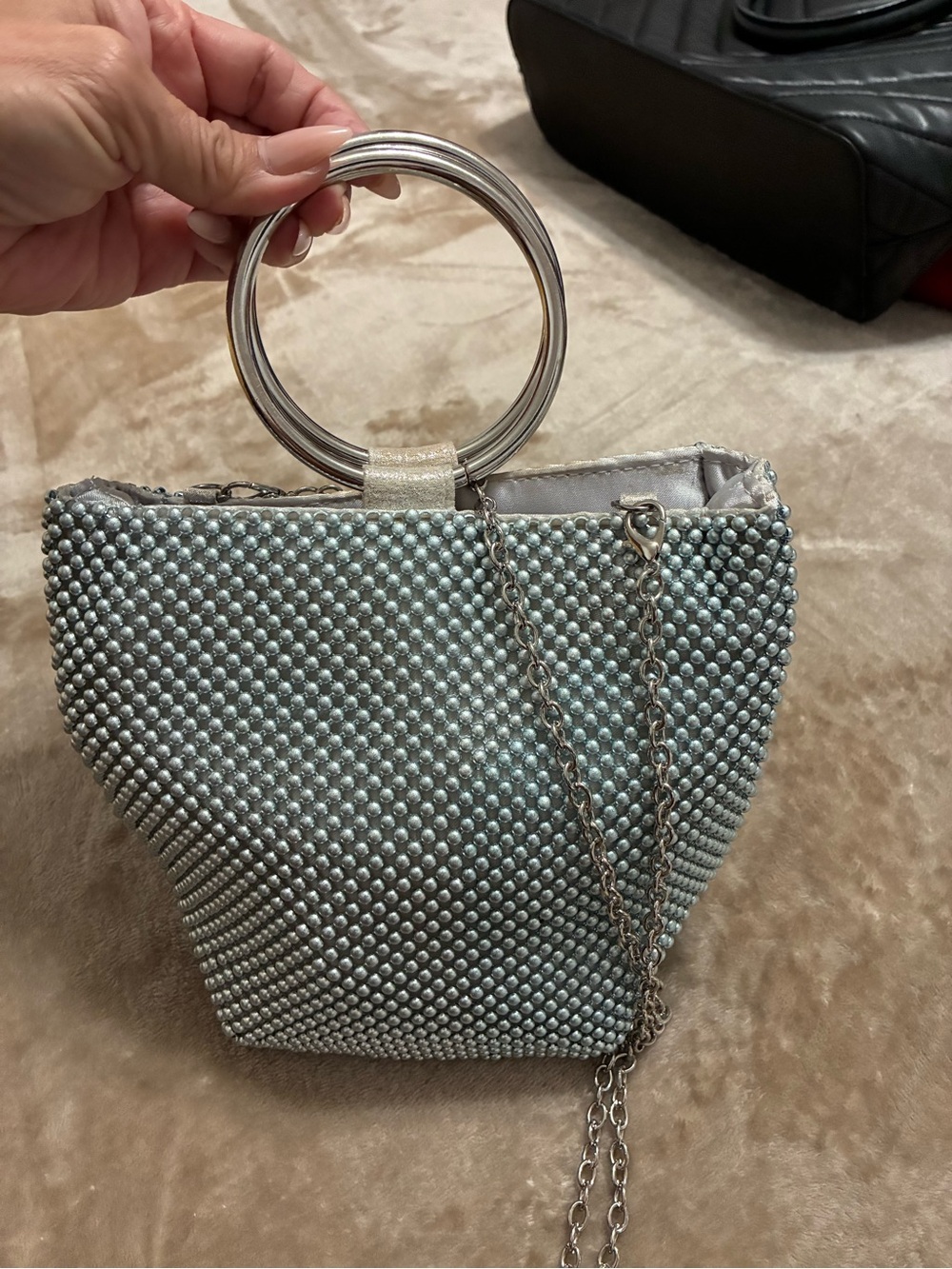 Jessica McClintock Silver Beaded Ring-Handle Clutch